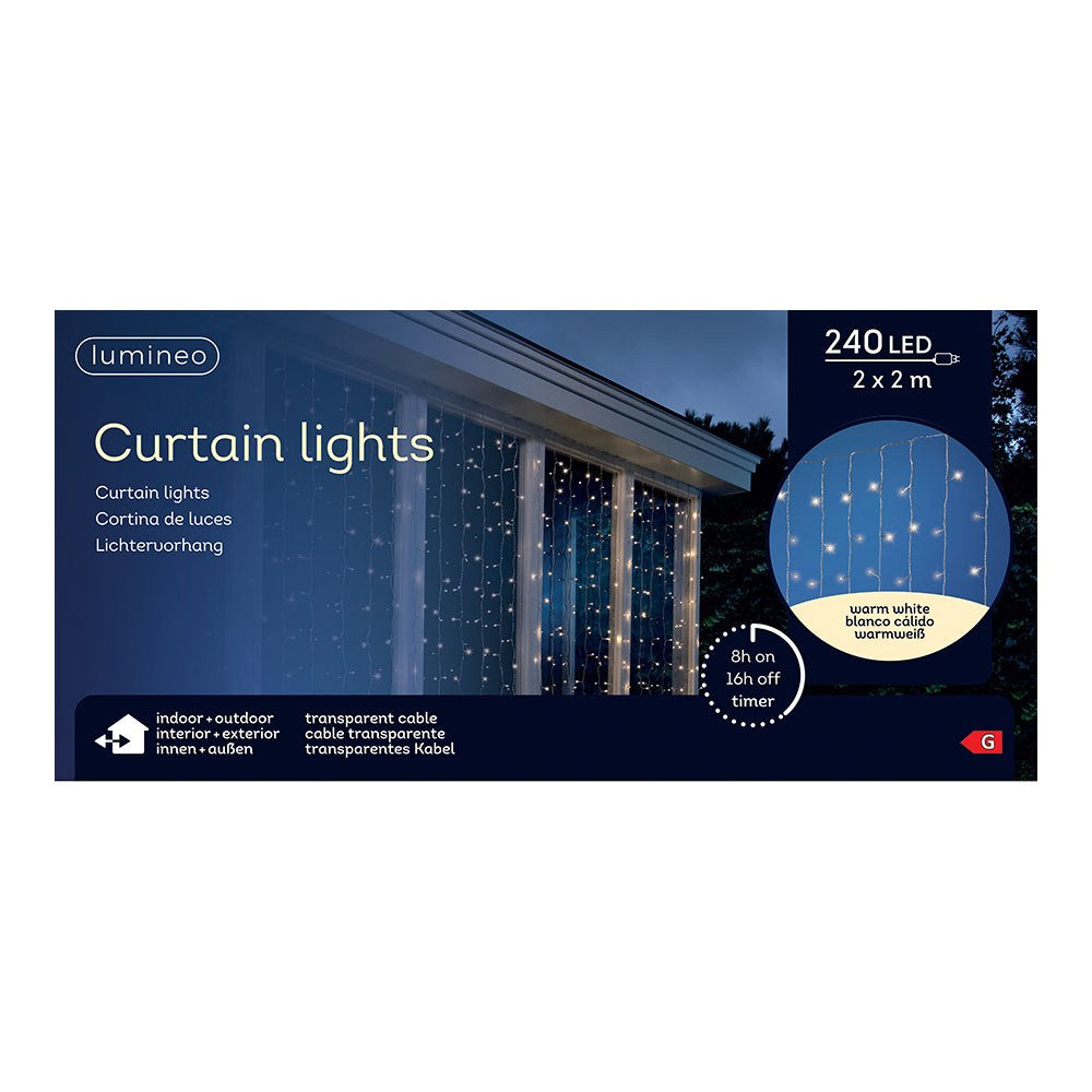 Cortina multifunción, exterior, blanco frío, cable transparente, 240 leds, 2 x 2 m