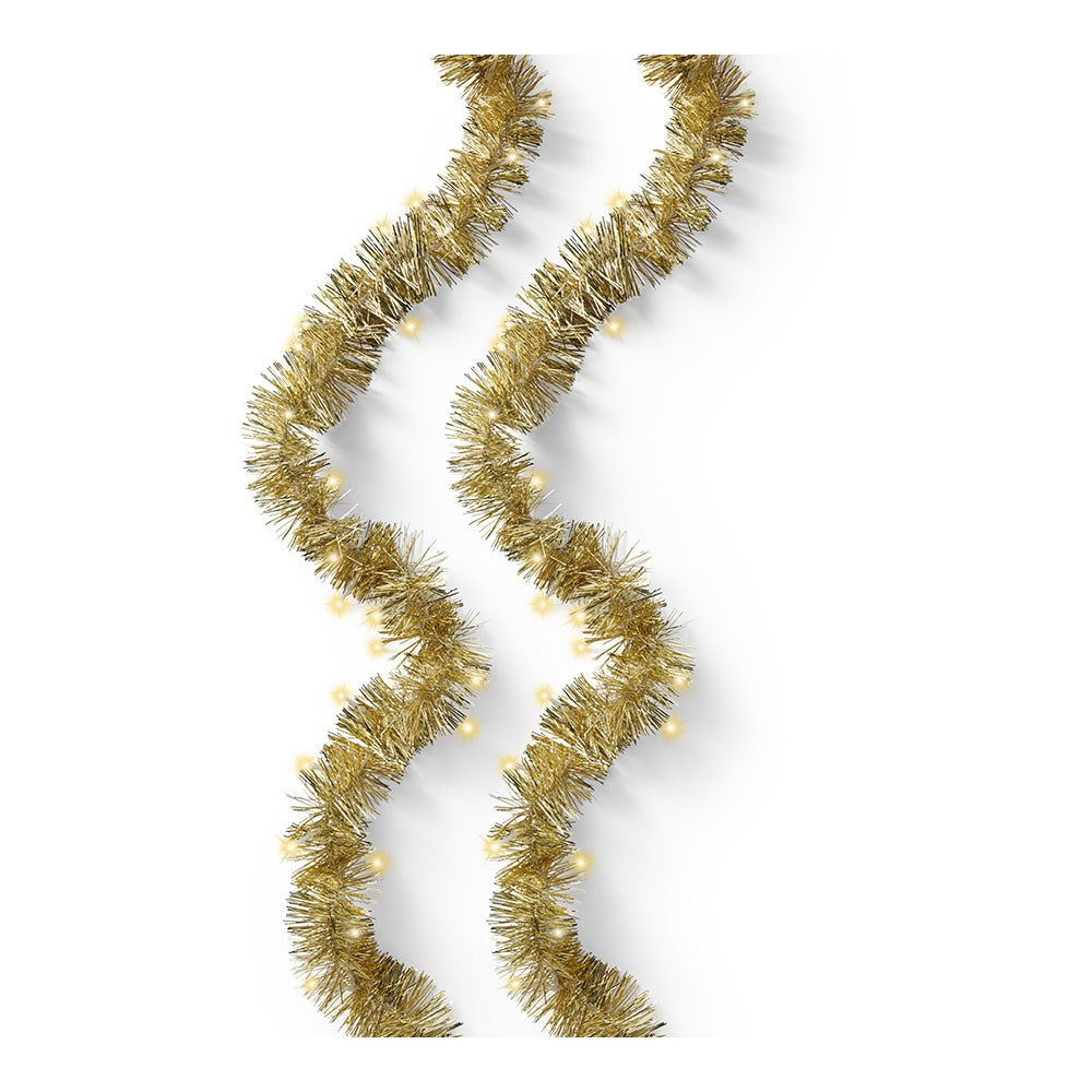 Espumillón dorado con guirnalda led intermitente, uso exterior, 8 funciones, oro suave, cable transparente, 180 leds, 9 m