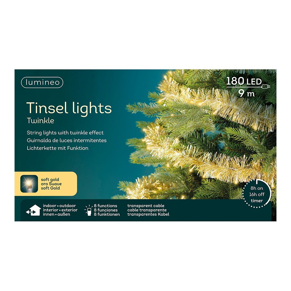 Espumillón dorado con guirnalda led intermitente, uso exterior, 8 funciones, oro suave, cable transparente, 180 leds, 9 m