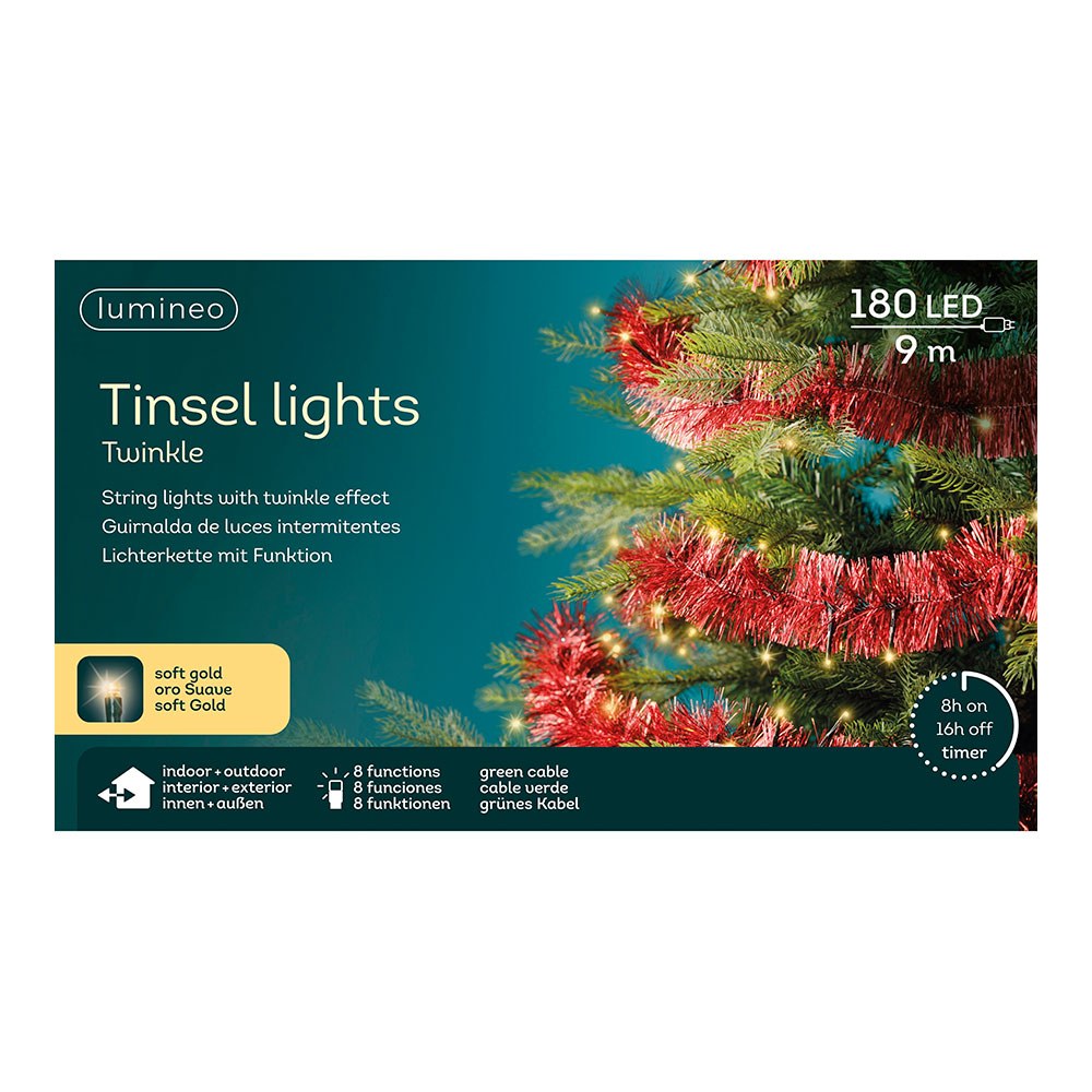 Espumillón rojo con guirnalda led intermitente, uso exterior, 8 funciones, oro suave, cable verde, 180 leds, 9 m
