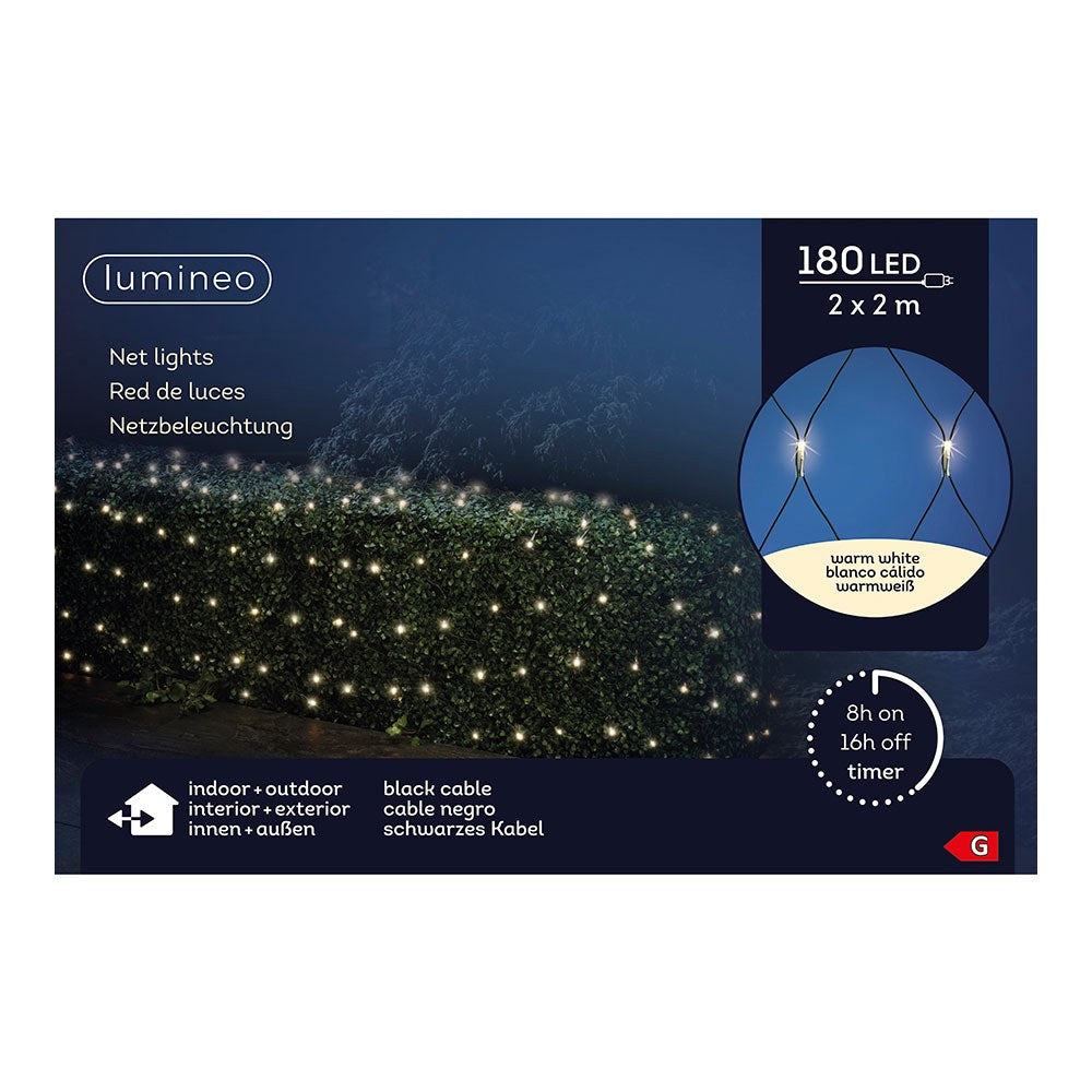 Red de luces led fija exterior, blanco cálido, cable negro, 2 x 2 m