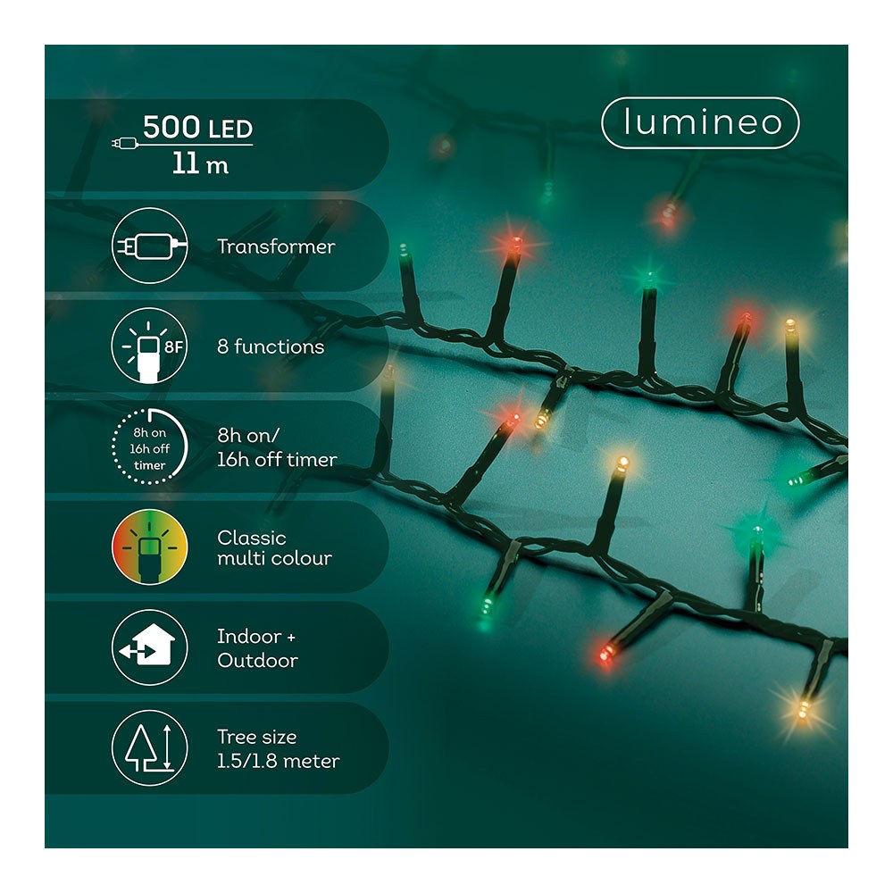 Guirnalda multifunción, uso exterior, led compact, multicolor clásico, cable negro, 500 leds, 11 m