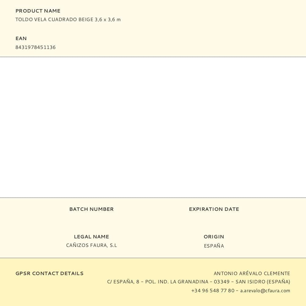 Toldo vela cuadrado beige 3,6 x 3,6 m