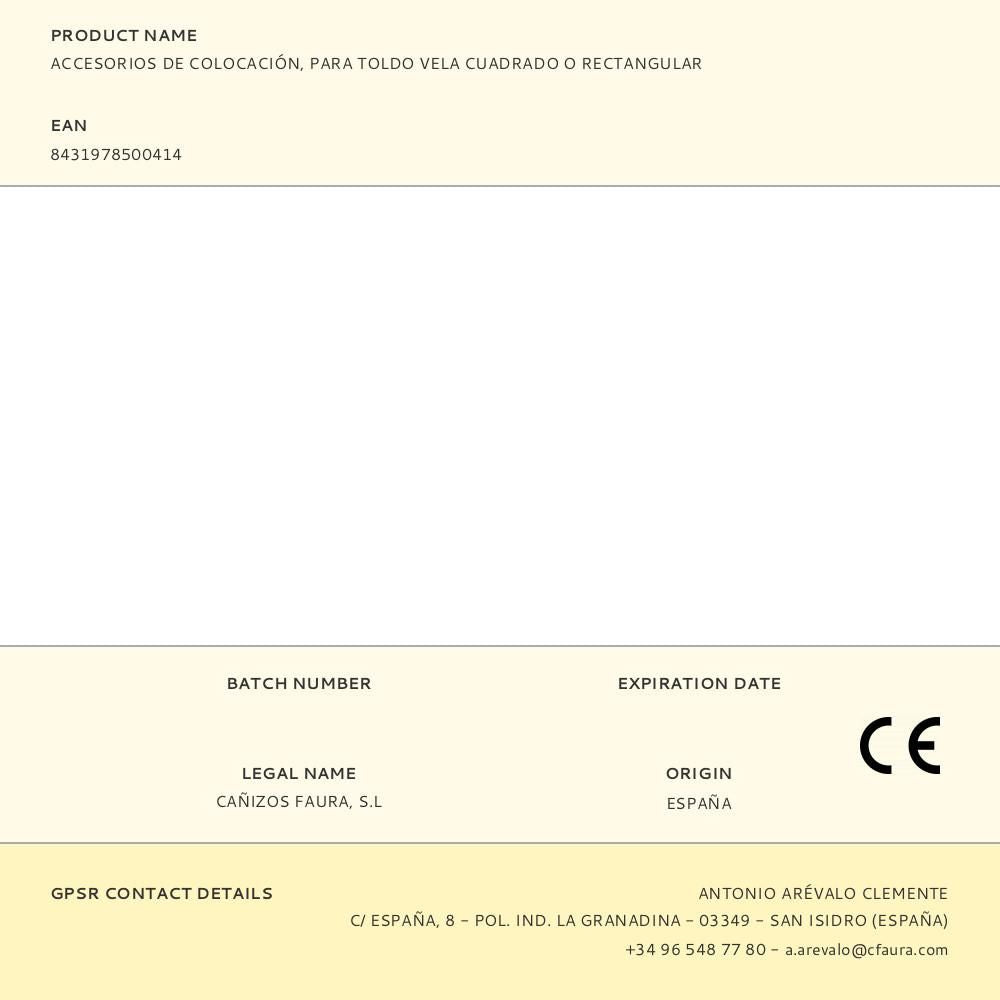 Accesorios de colocación, para toldo vela cuadrado o rectangular