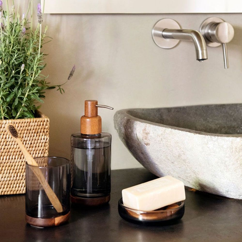 Jabonera de cristal gris y acacia