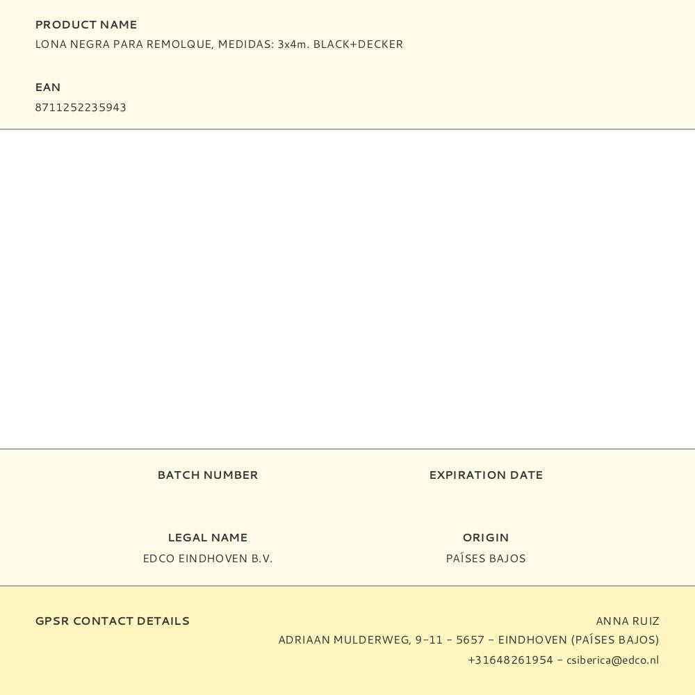 Lona negra para remolque, medidas: 3x4m. black+decker