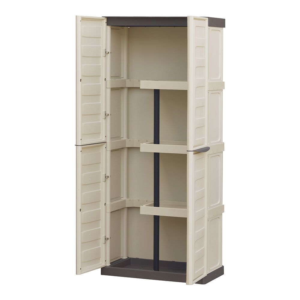 Armario alto con estantes y portaescobas línea spazio de polipropileno beige y marrón, 70 x 39 x 165 cm