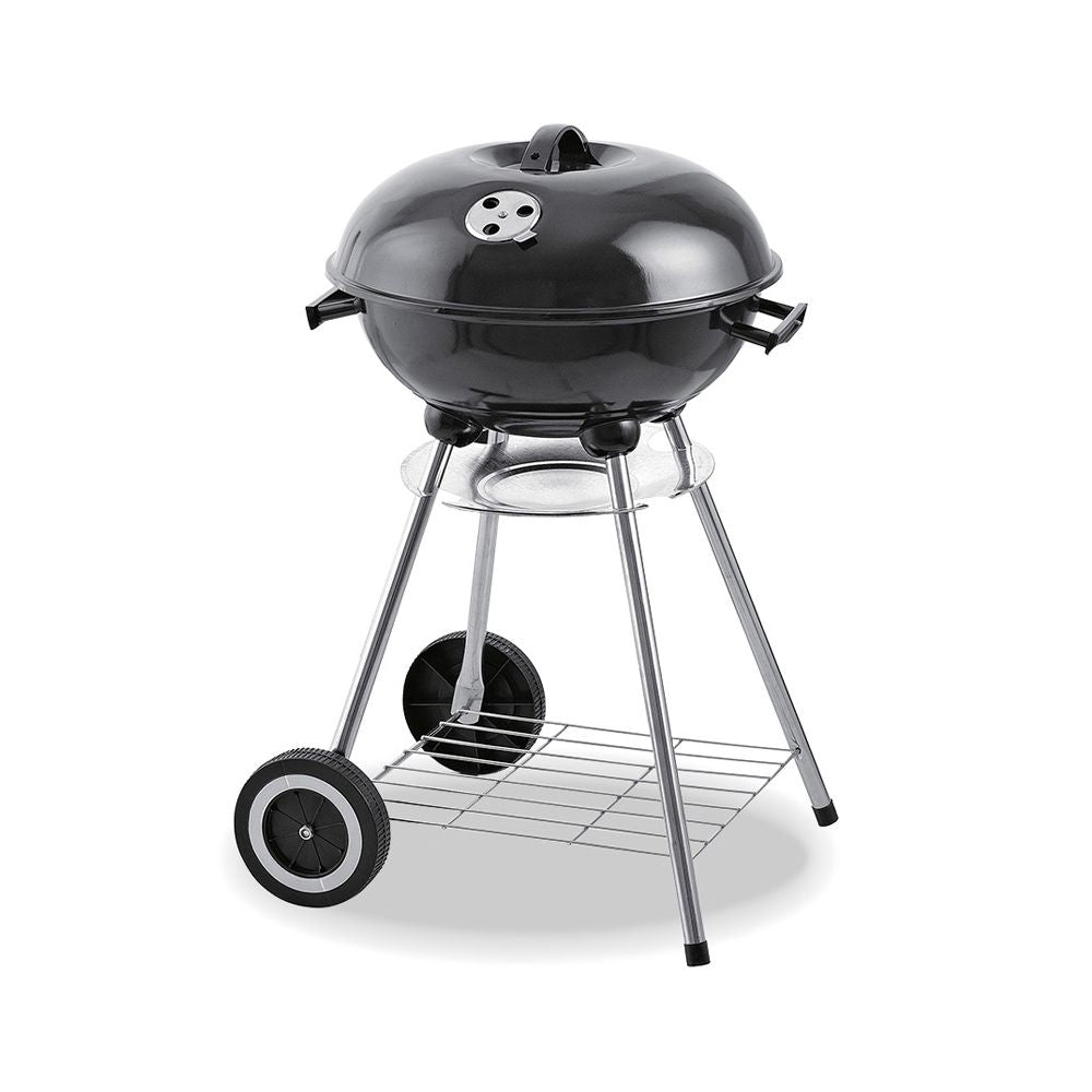 Barbacoa metalica negra de pie con tapa y ruedas ø41 x 70 cm