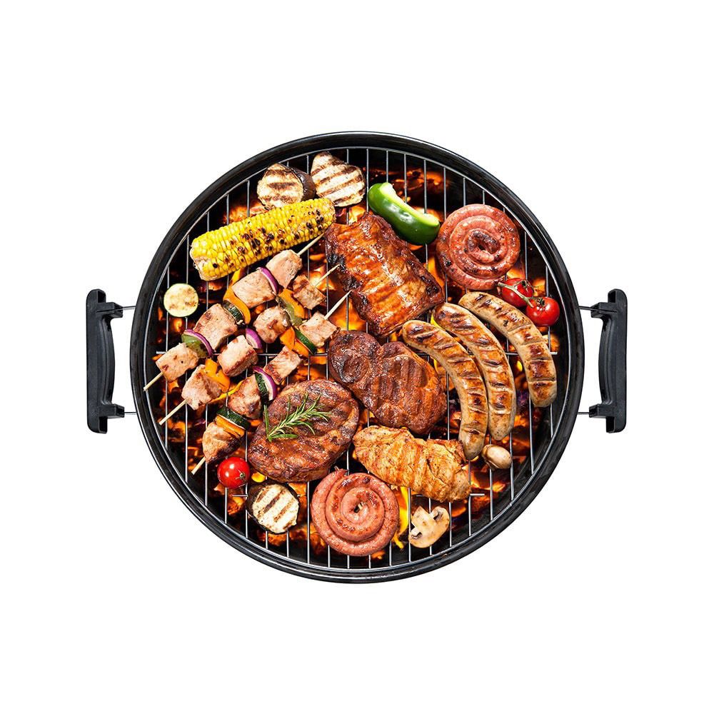 Barbacoa metalica negra de pie con tapa y ruedas ø41 x 70 cm