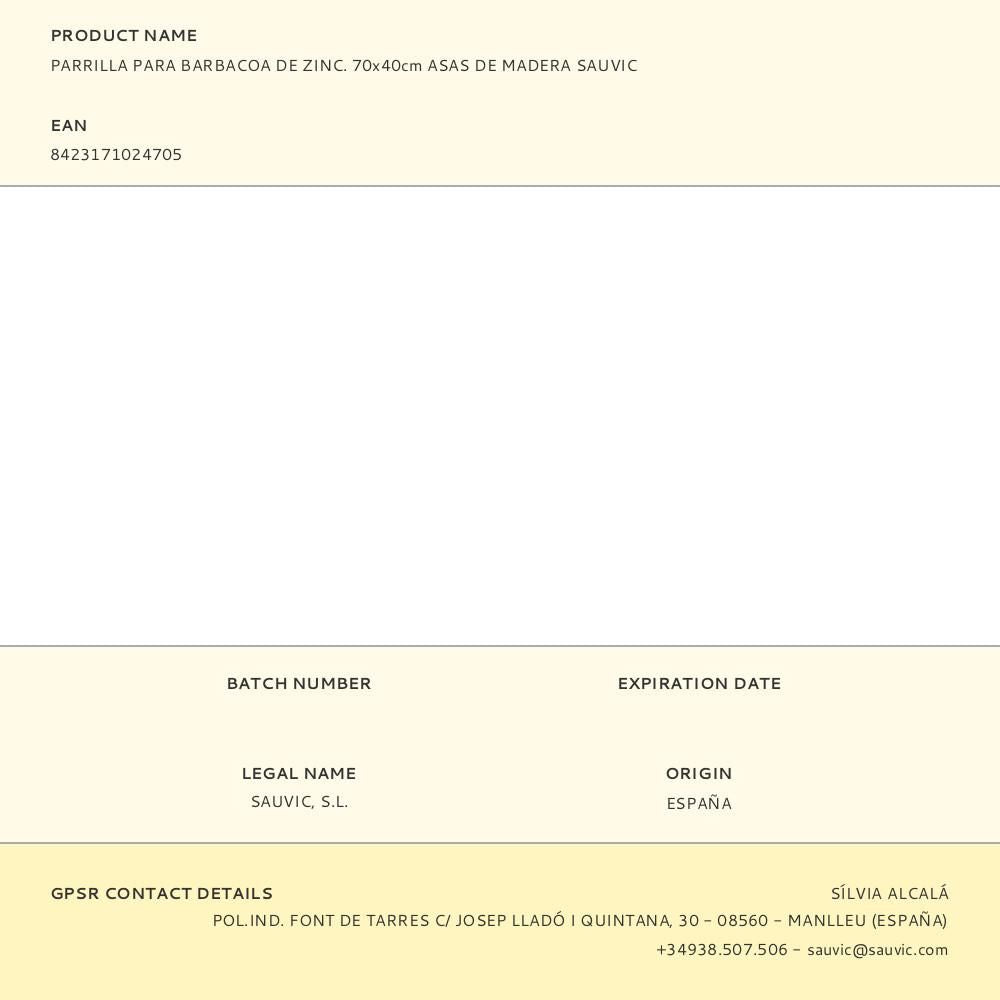 Parrilla para barbacoa de zinc. 70x40cm asas de madera sauvic