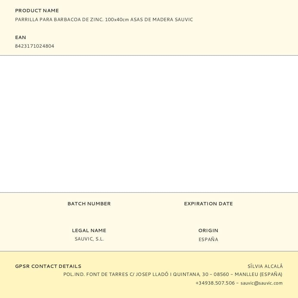 Parrilla para barbacoa de zinc. 100x40cm asas de madera sauvic