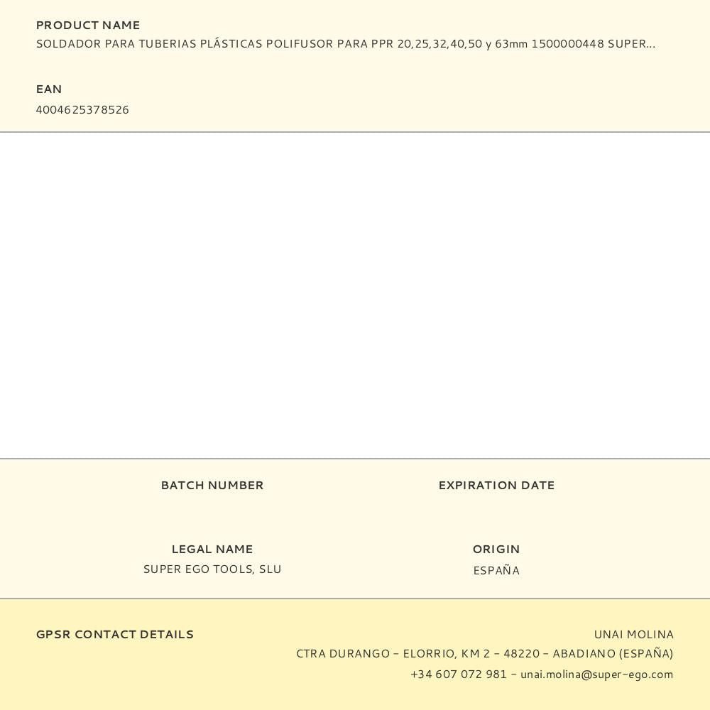 Soldador para tuberias plásticas polifusor para ppr 20,25,32,40,50 y 63mm 1500000448 super ego