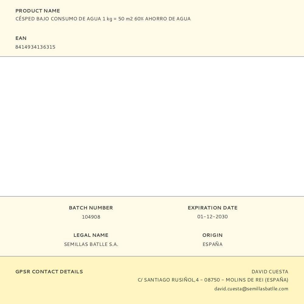 Césped bajo consumo de agua 1 kg  50 m2 60% ahorro de agua