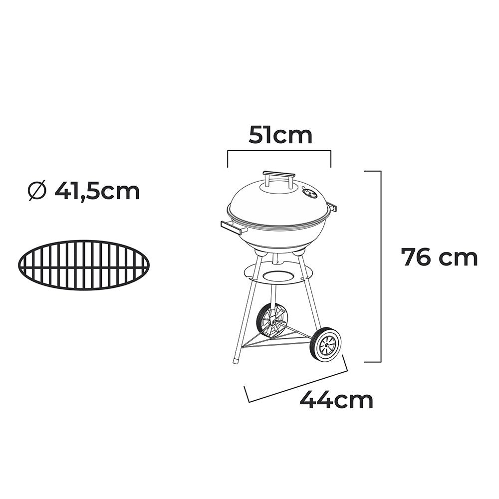 Barbacoa de carbón 3 patas con tapa y ruedas, negra, ø51 x 76 cm
