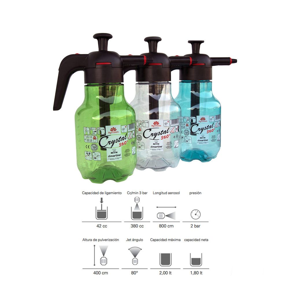 Pulverizador de polietileno crystal 360°, colores surtidos, ø13 x 30,5 cm, 2 l
