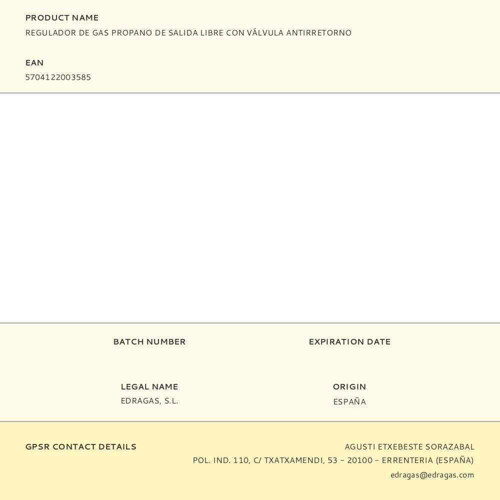 Regulador de gas propano de salida libre con válvula antirretorno