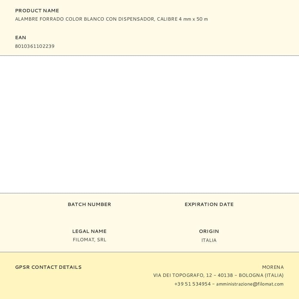 Alambre forrado color blanco con dispensador, calibre 4 mm x 50 m