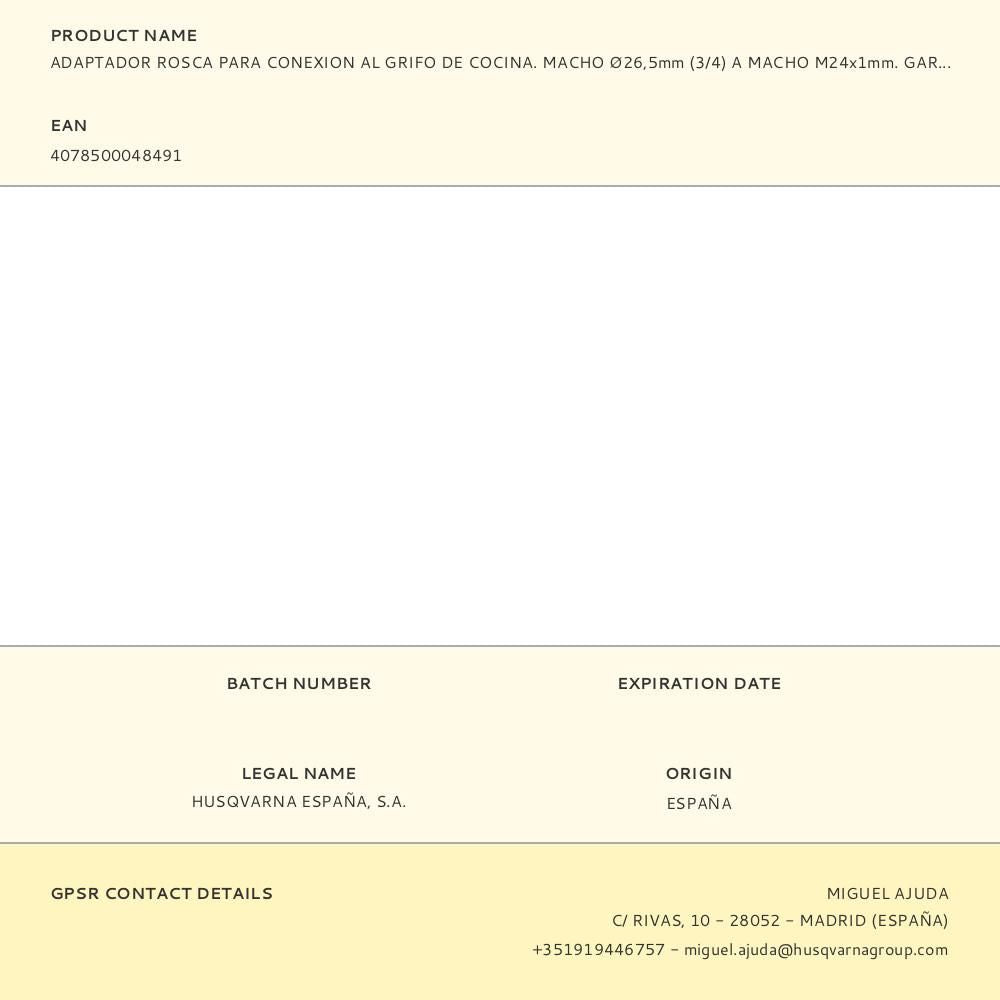 Adaptador rosca para conexion al grifo de cocina. macho ø26,5mm (3/4) a macho m24x1mm. gardena