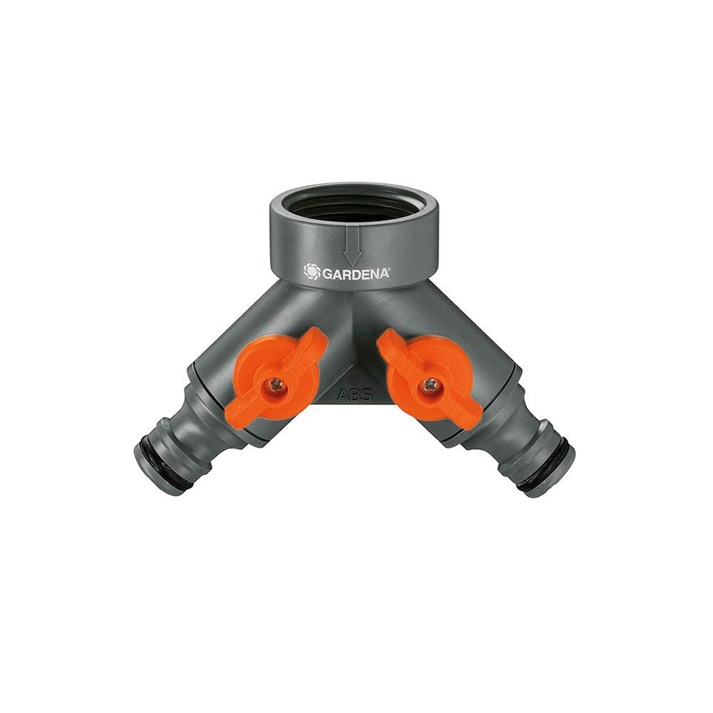 Distribuidor de 2 vías con válvulas para grifo de rosca ½ pulg - ¾ pulg, blister