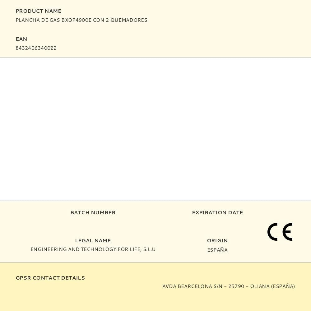 Plancha de gas bxop4900e con 2 quemadores