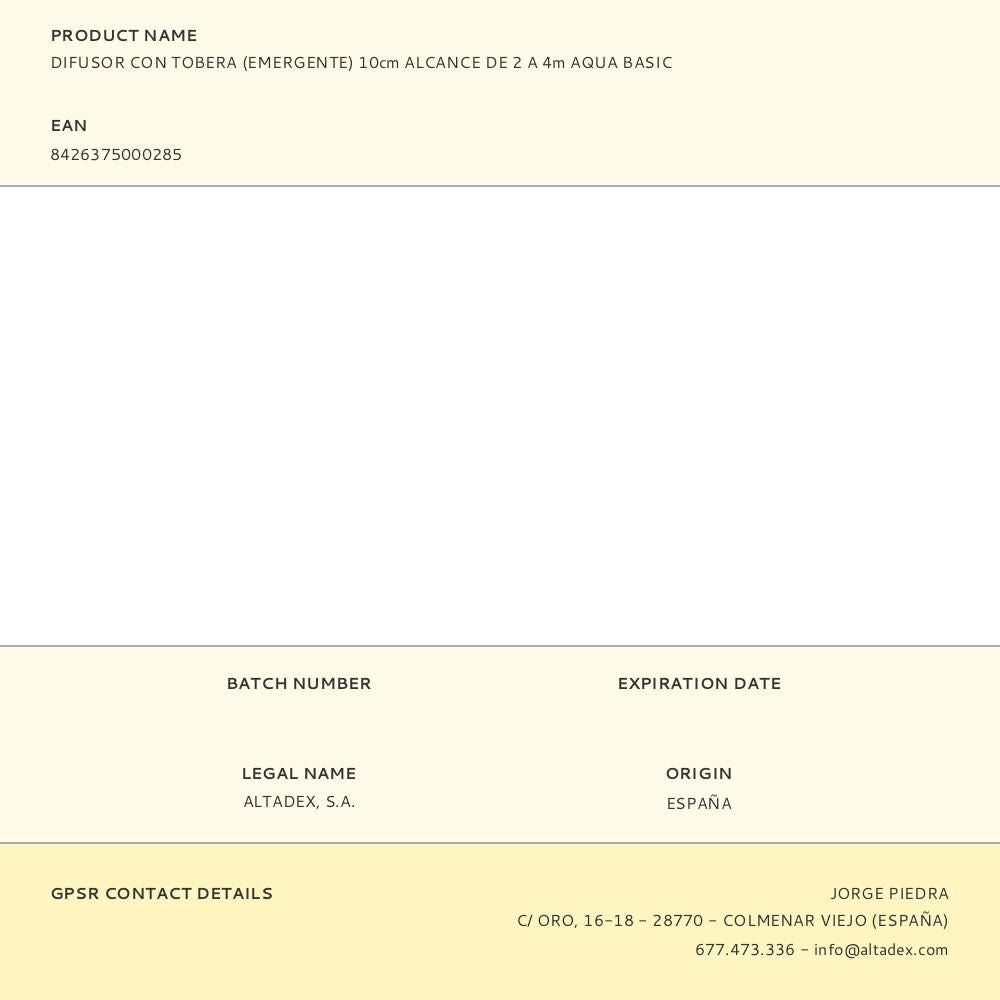 Difusor con tobera, emerge 10 cm, alcance 360° de 2 a 4 m