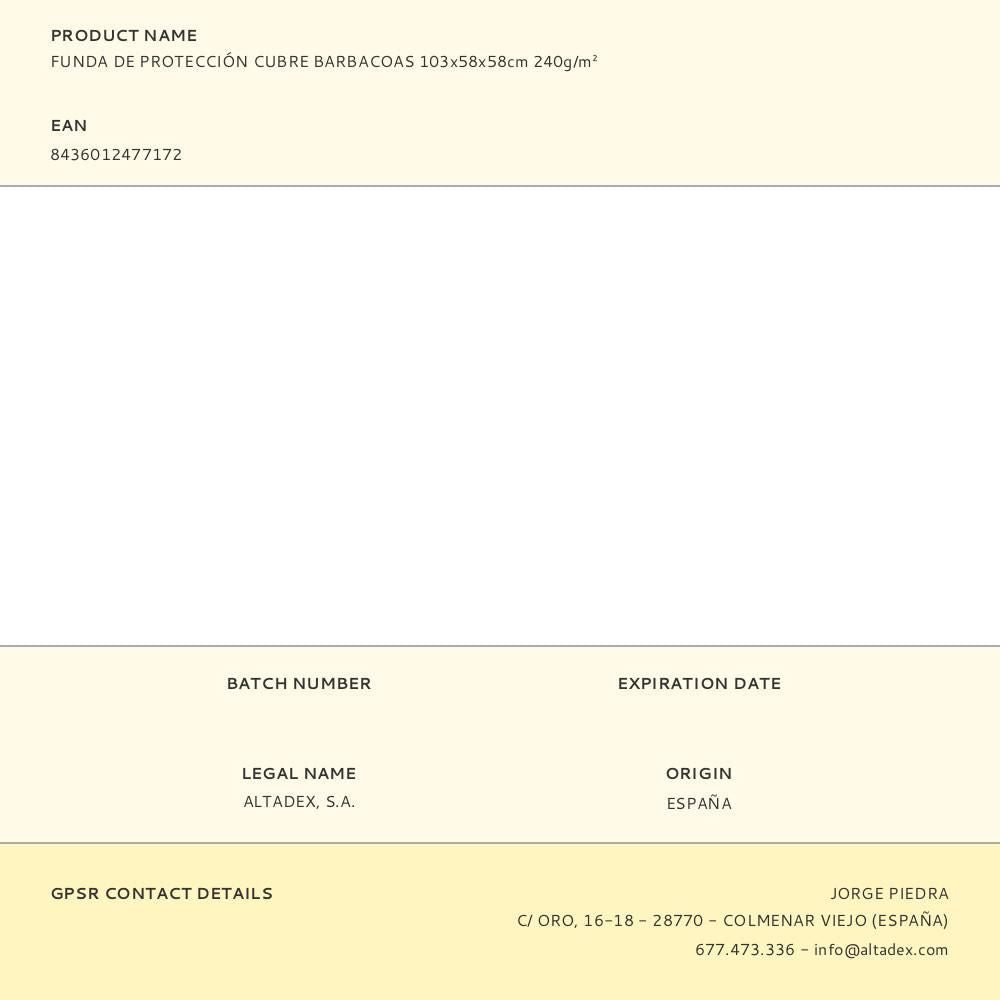 Funda de protección, cubre barbacoas, 103 x 58 x 58 cm, 240 g/m²