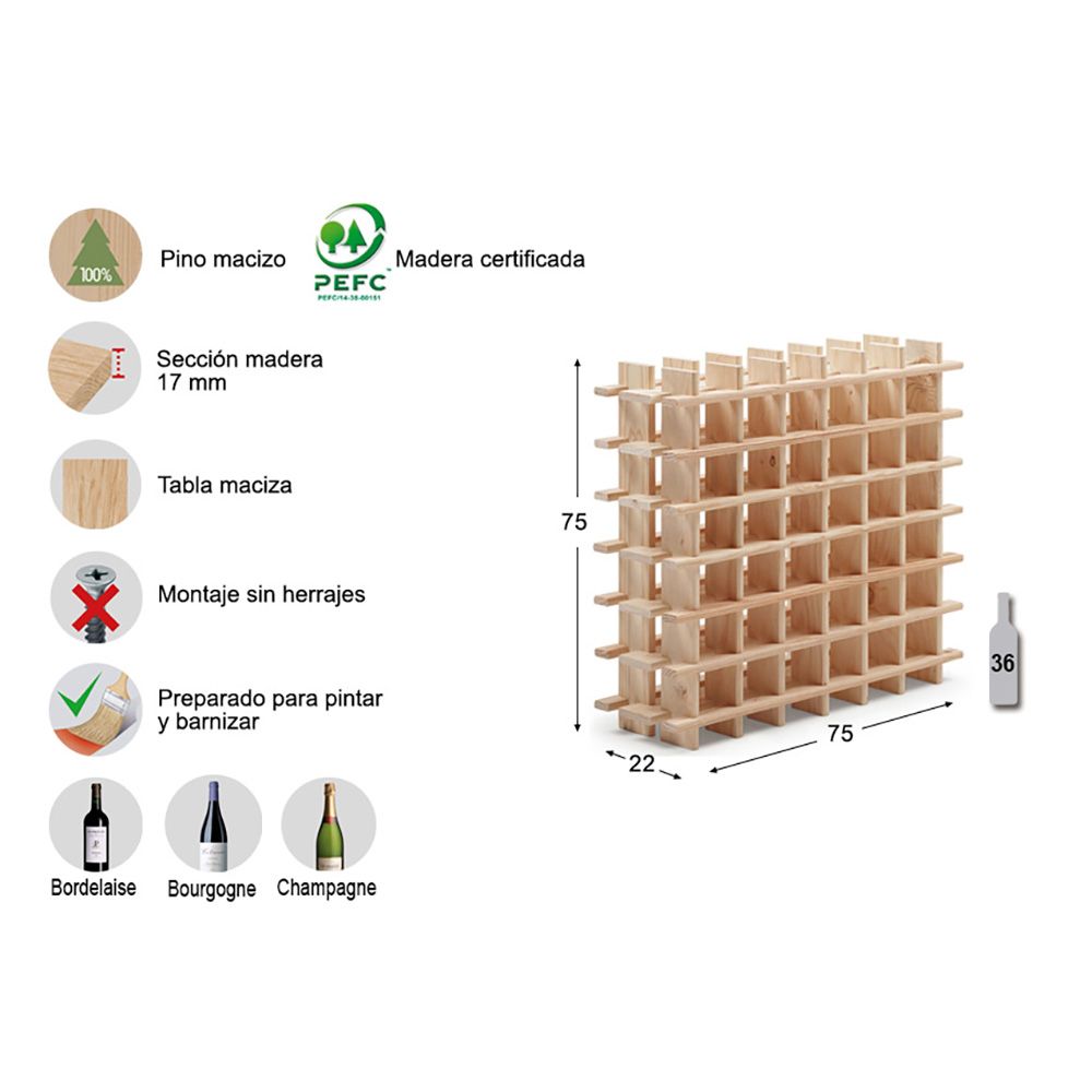 Botellero de pino macizo evolutivo rioja para 36 botellas 75 x 22 x 75 cm