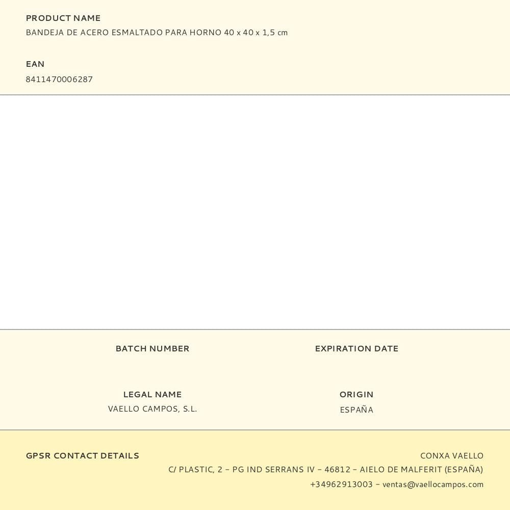 Bandeja de acero esmaltado para horno 40 x 40 x 1,5 cm