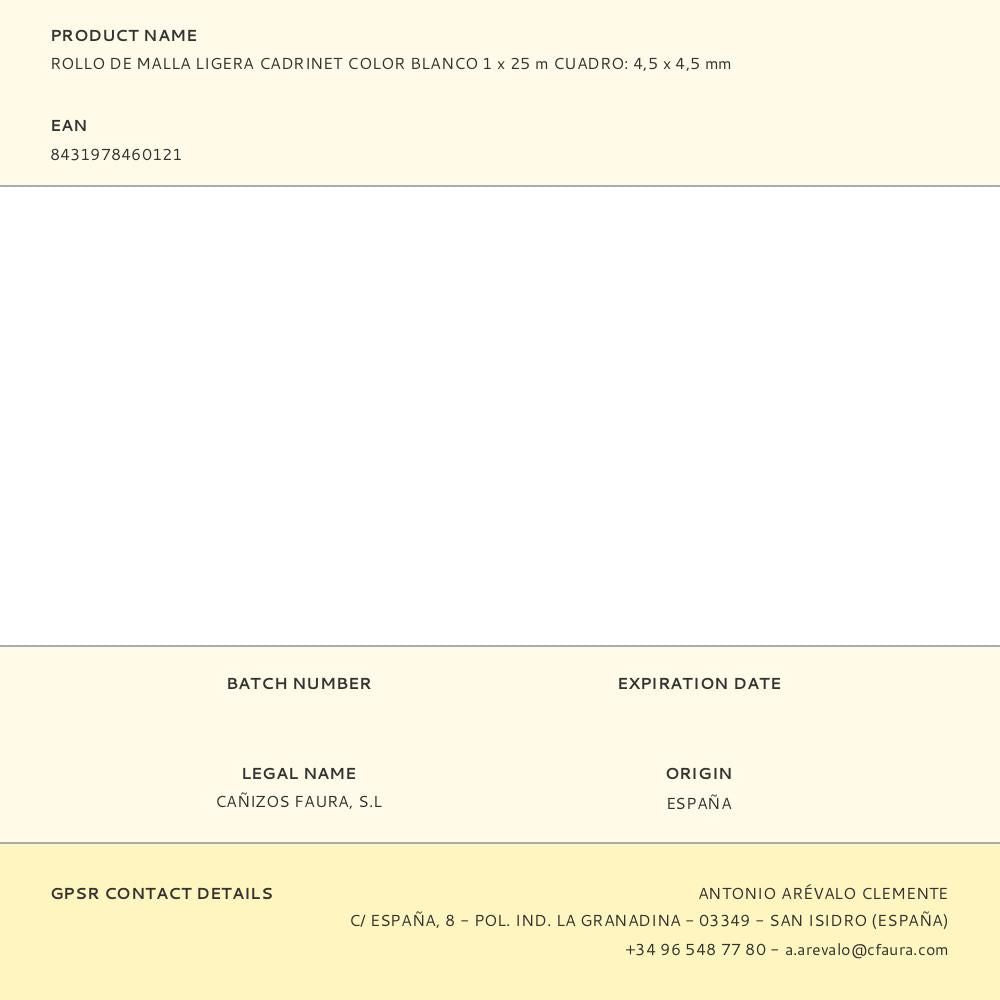 Rollo de malla ligera cadrinet color blanco 1 x 25 m cuadro: 4,5 x 4,5 mm