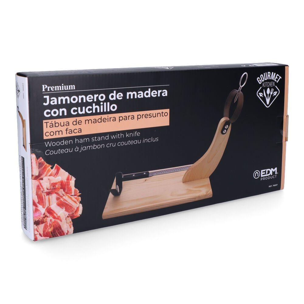 Jamonero premium madera de pino 44 x 41 cm con cuchillo incluido