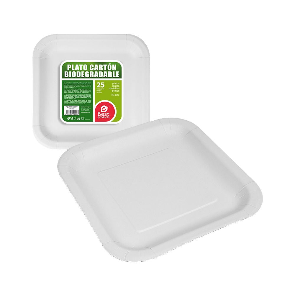 Platos de cartón cuadrados blancos 23 x 23 x 2 cm, 25 uds