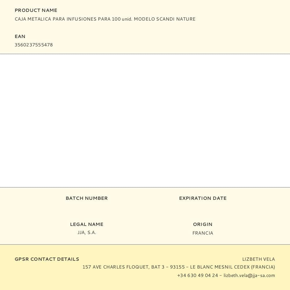 Caja metálica modelo scandi nature para infusiones para 100 uds