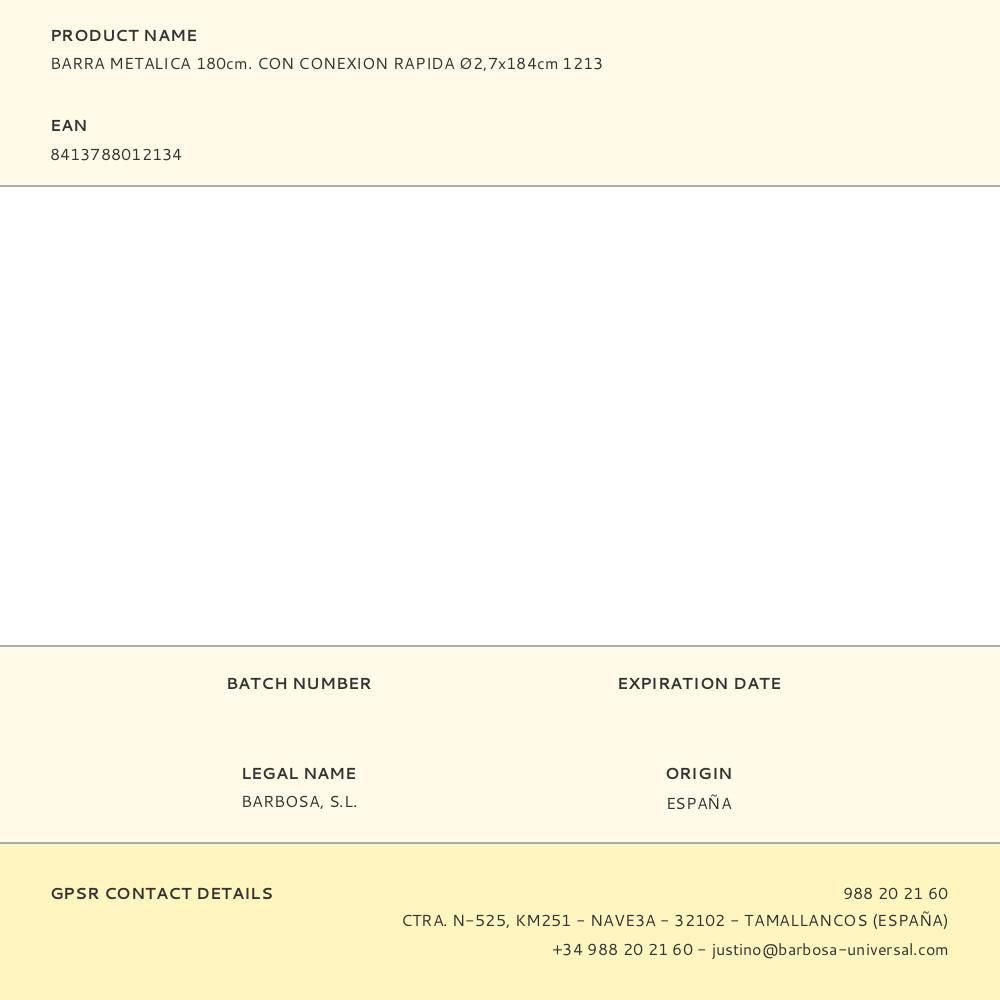 Barra metálica con conexión rápida 1213, ø2,7 x 184 cm