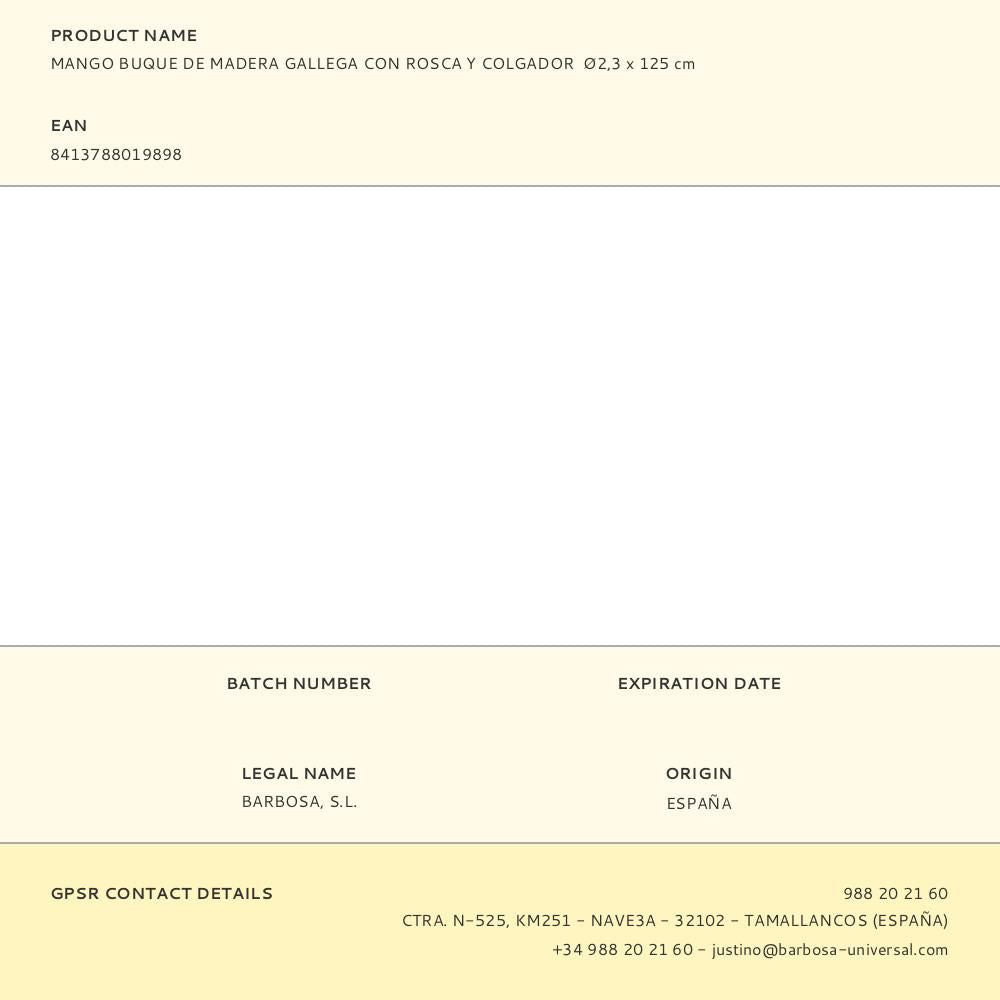 Mango buque de madera gallega con rosca y colgador ø2,3 x 125 cm