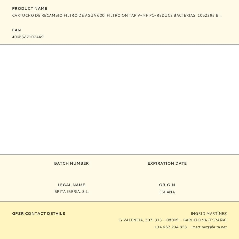 Cartucho de recambio filtro de agua 600l filtro on tap v-mf p1-reduce bacterias 1052398 brita