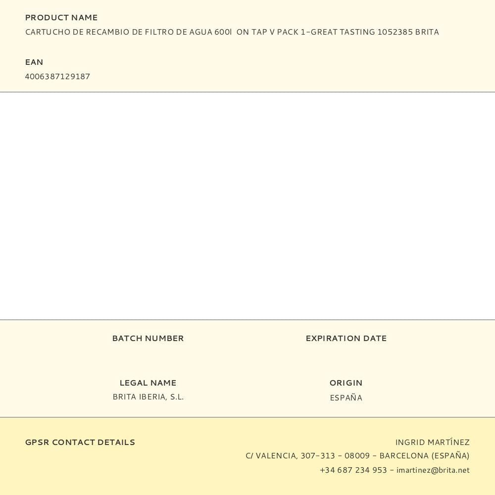 Cartucho de recambio de filtro de agua 600l on tap v pack 1-great tasting 1052385 brita