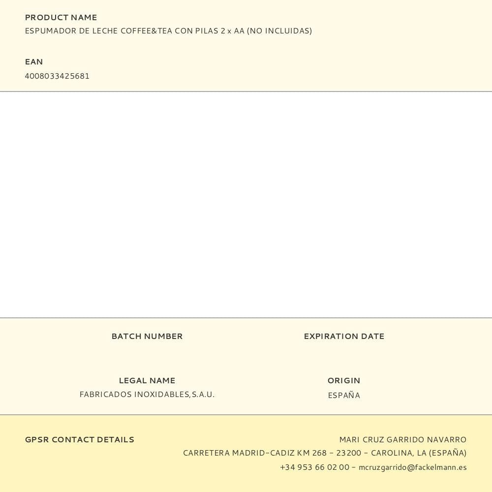 Espumador de leche coffee&tea con pilas 2 x aa (no incluidas)