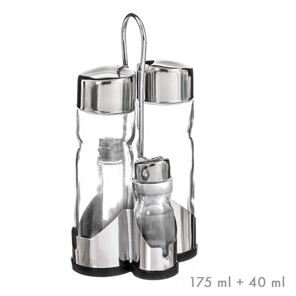 Set aceitera, vinagrera, salero y pimentero de cristal + tapón inox