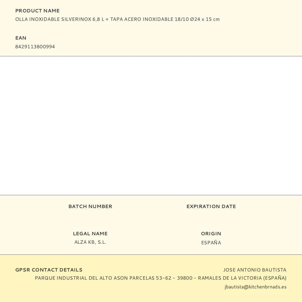 Olla inoxidable silverinox 6,8 l + tapa acero inoxidable 18/10 ø24 x 15 cm