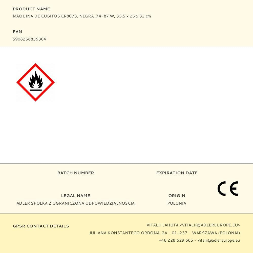 Máquina de cubitos cr8073, negra, 74-87 w, 35,5 x 25 x 32 cm