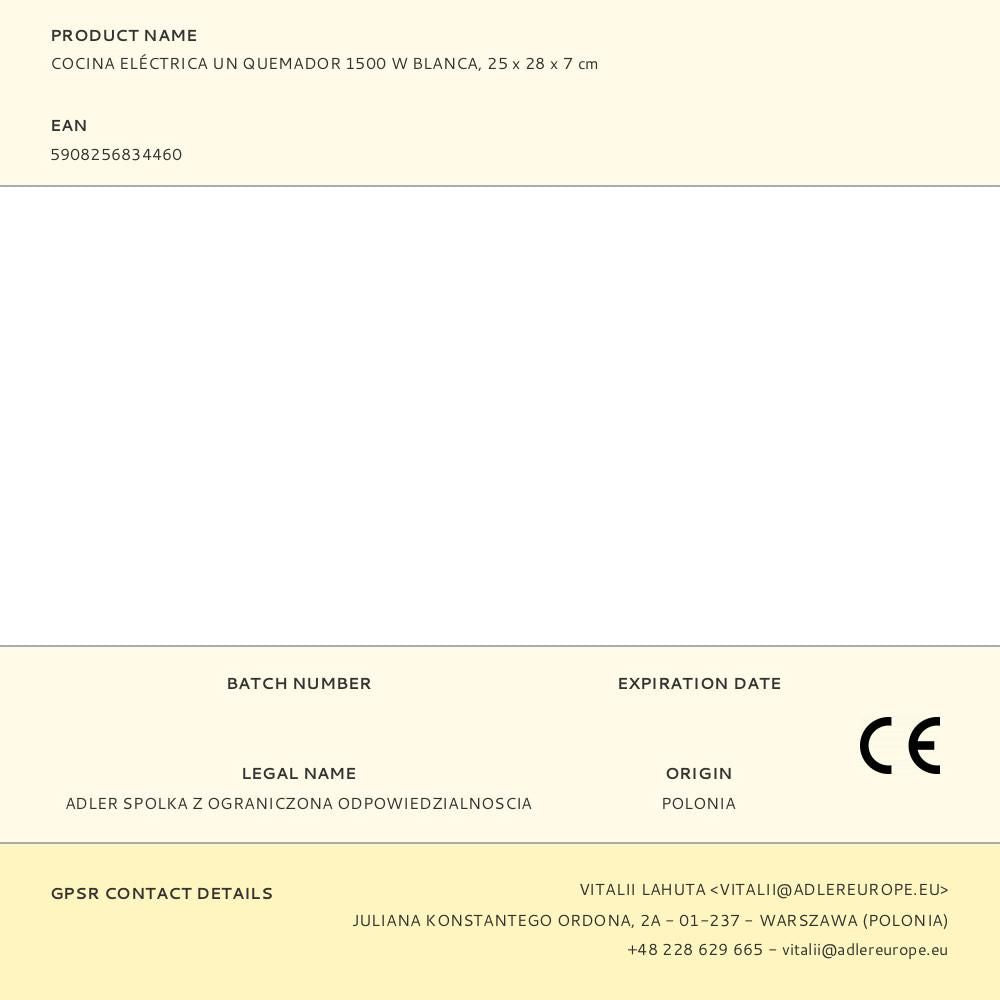 Cocina eléctrica un quemador 1500 w blanca, 25 x 28 x 7 cm