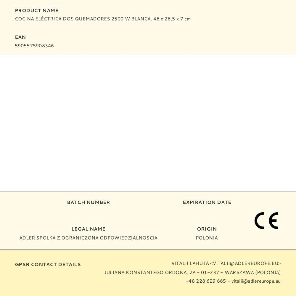 Cocina eléctrica dos quemadores 2500 w blanca, 46 x 26,5 x 7 cm