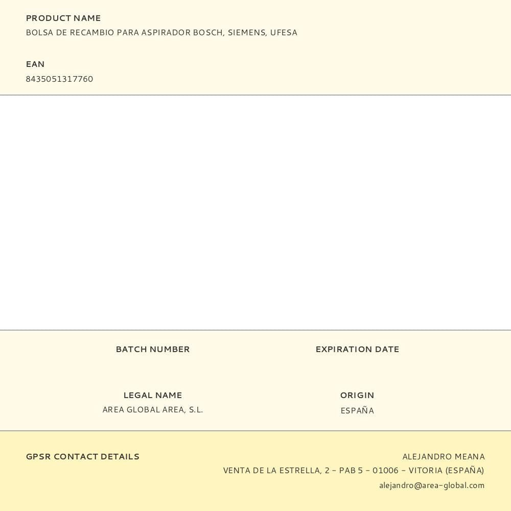 Bolsa de recambio para aspirador bosch, siemens, ufesa