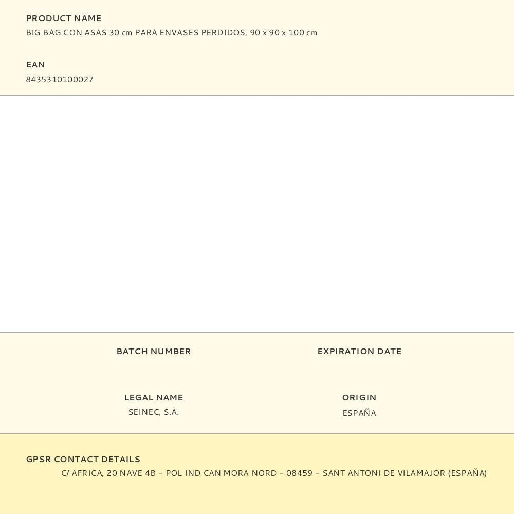 Big bag con asas 30 cm para envases perdidos, 90 x 90 x 100 cm