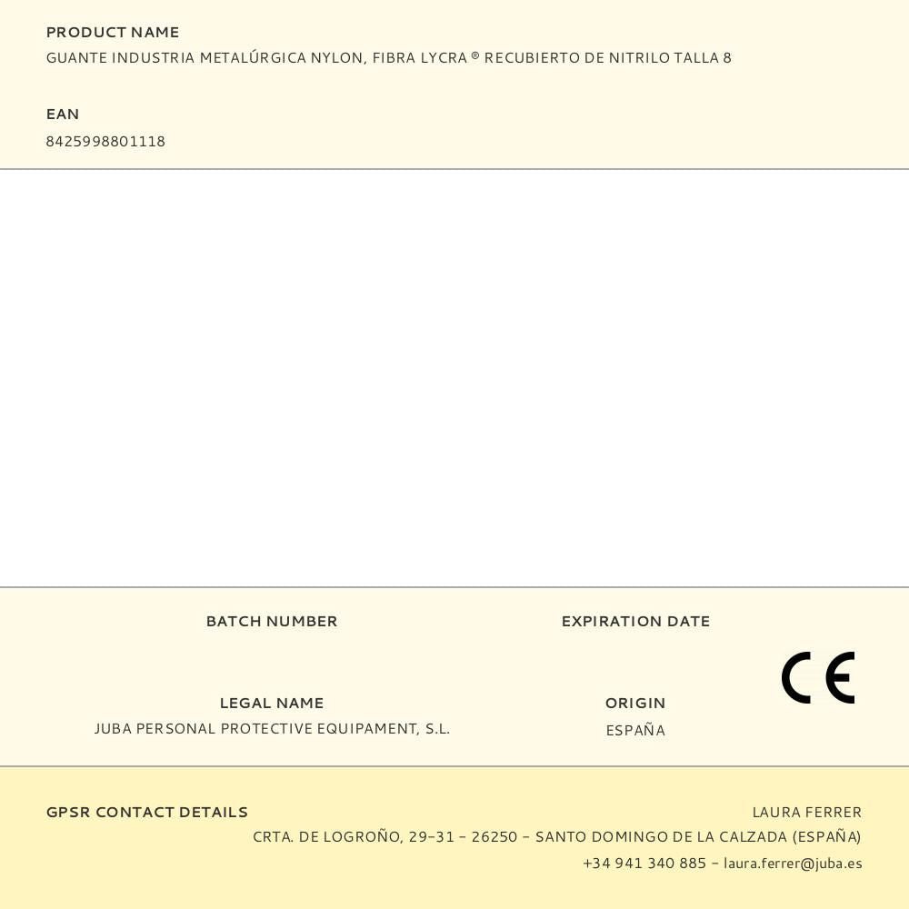 Guante nailon / licra palma nitrilo para metalúrgia, t-08