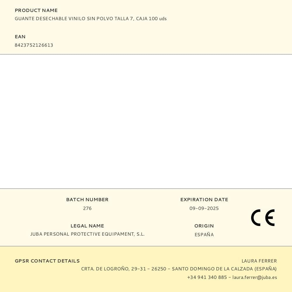 Guante vinilo, sin polvo, desechable, transparente, t-07, caja 100 uds
