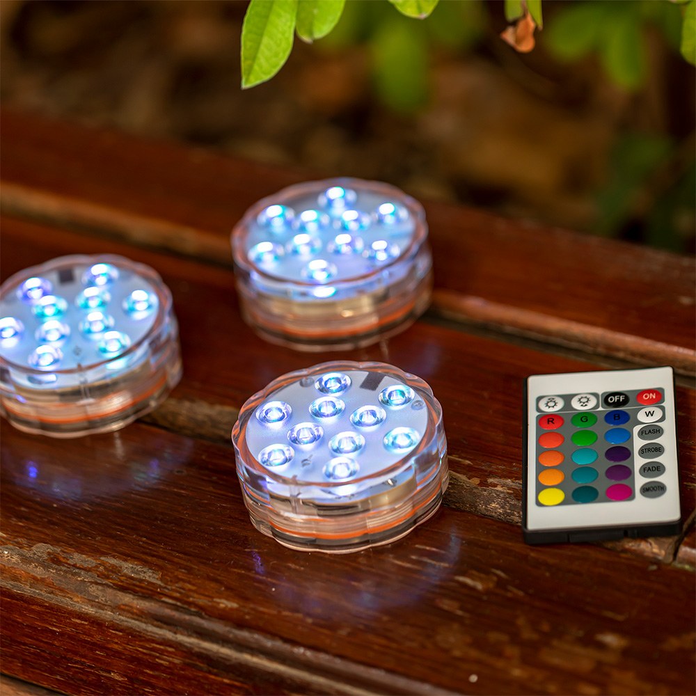 Luces led rgb sumergibles, a pilas con mando, ø7 x 3 cm, 4 uds