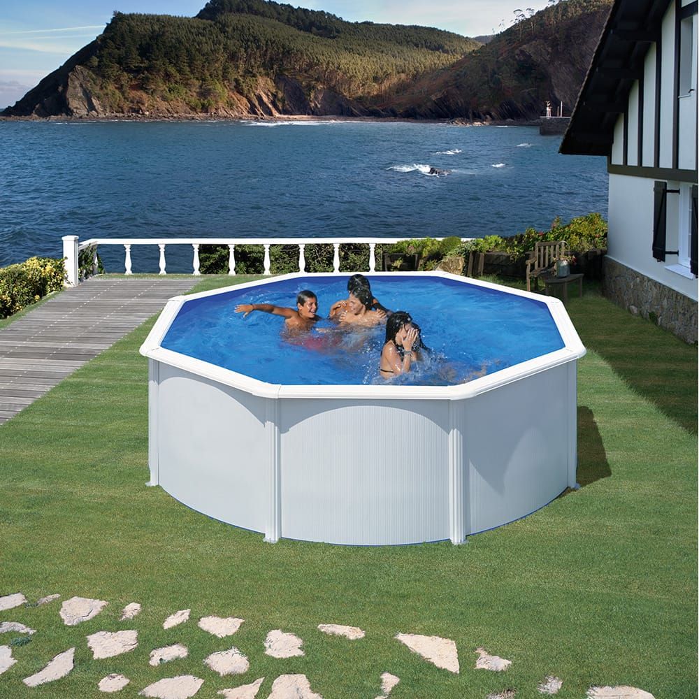 Piscina con pared de acero y chapa blanca, redonda, con depuradora, ø350 x 120 cm