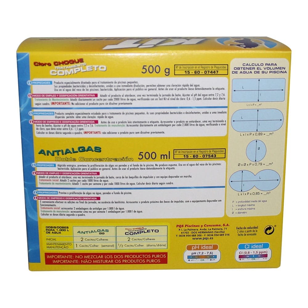 Mantenimiento kit mini para piscinas pequeñas, cloro choque 500 g y algicida 500 ml