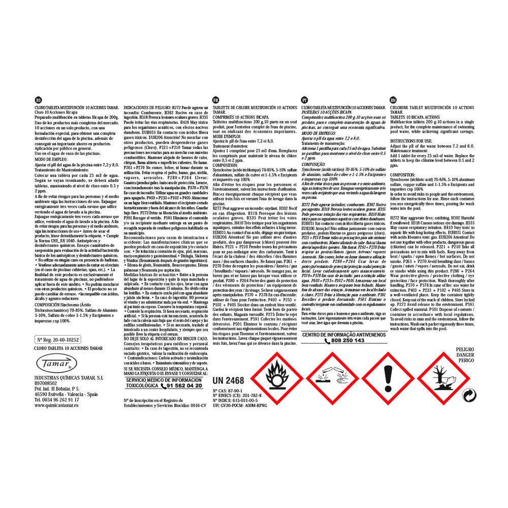 Cloro bicapa 10 acciones en tabletas, bote 5 kg